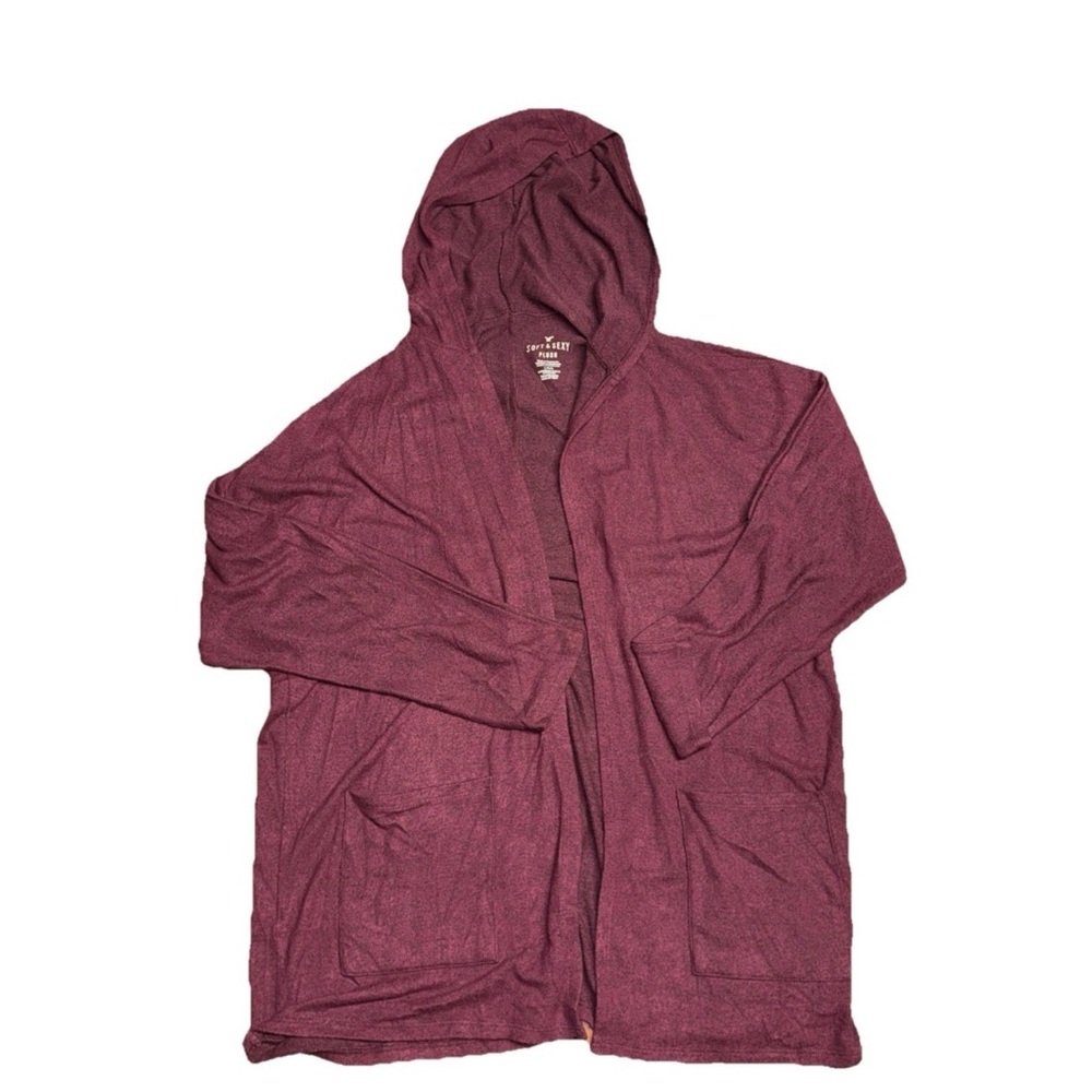 American Eagle Soft & Sexy Plush Open Cardigan Burgundy Large Hooded Comfy